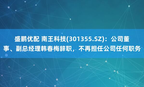 盛鹏优配 南王科技(301355.SZ)：公司董事、副总经理韩春梅辞职，不再担任公司任何职务